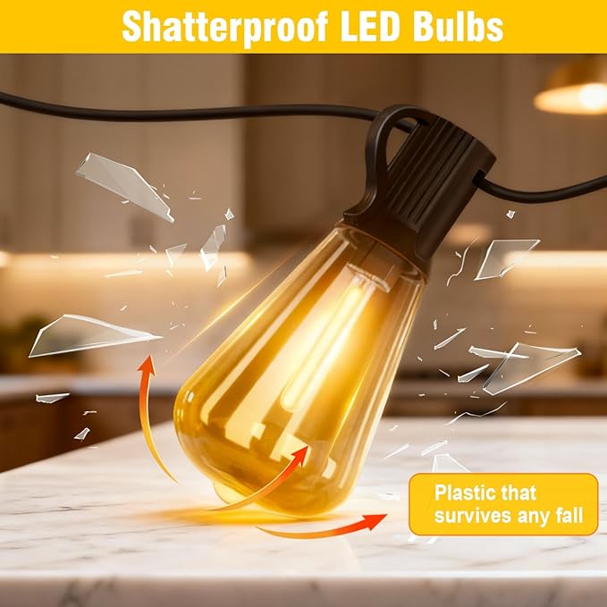 100FT Solar String Lights Outdoor Waterproof with Remote & Timer, LED Shatterproof ST38 Bulbs, USB & Solar Powered Patio Lights for Backyard, Porch, Garden, Wedding, Christmas Decor