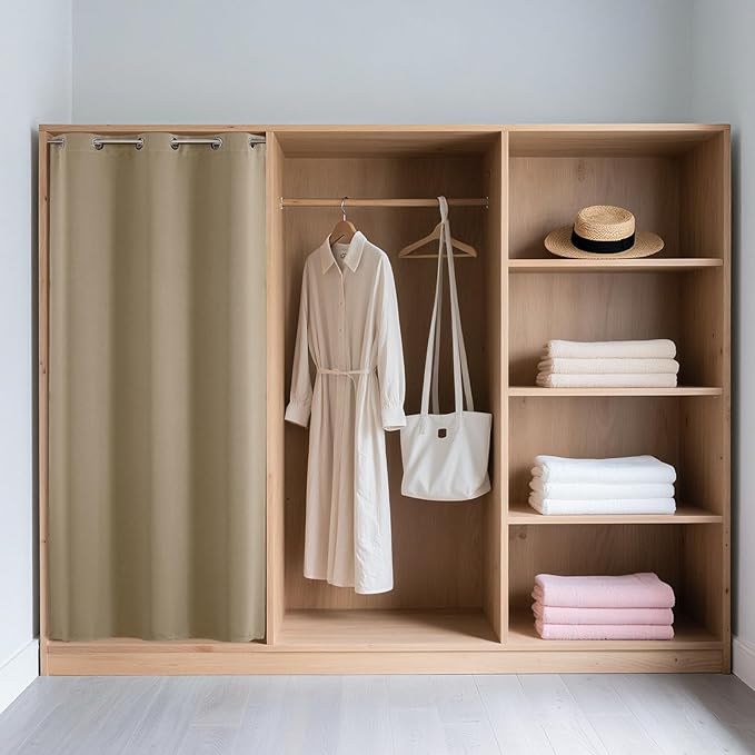 Joydeco Blackout Door Curtain for Doorway Privacy 80 Inches Long, Grommet Closet Curtain for Open Closet, Room Divider for Bedroom Living Room (Light Beige, 32Wx80L, 1 Panel)
