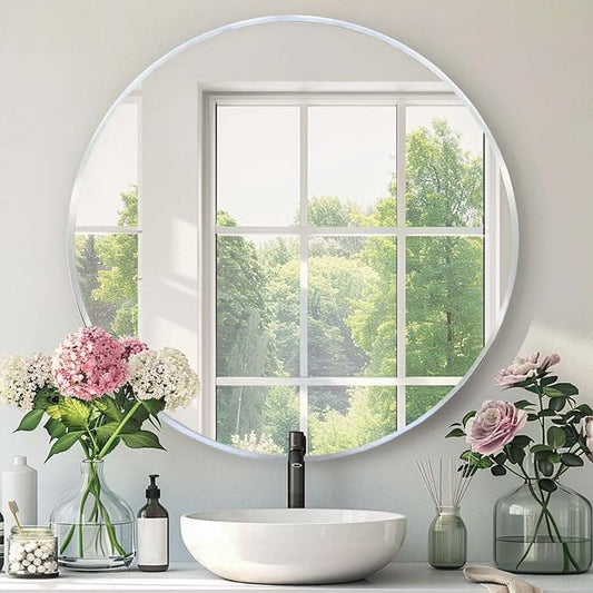 Round Silver Mirror, 24 Inch Circle Silver Mirror, Metal Frame Round Wall by Mfring
