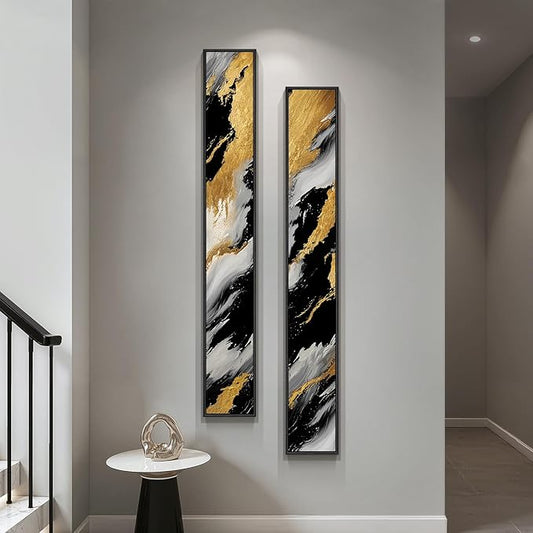 Framed Long Narrow Vertical Abstract Wall Art Set, 2 Piece Black White Gold by Cuspin