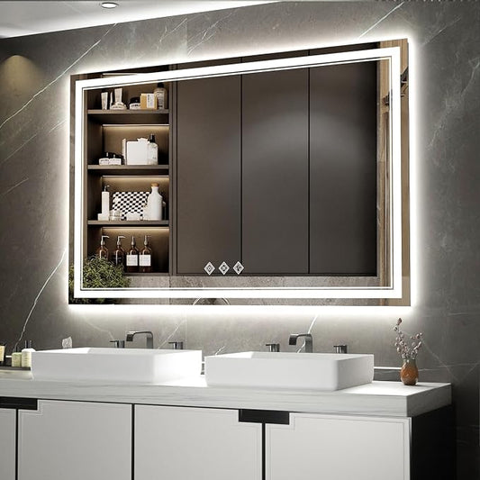 Bathroom Mirror with Lights, 60x40 Inch Gradient Front and Backlit Mirror by VanPokins-GlobalHighEndLEDBathroomMirrorBrand