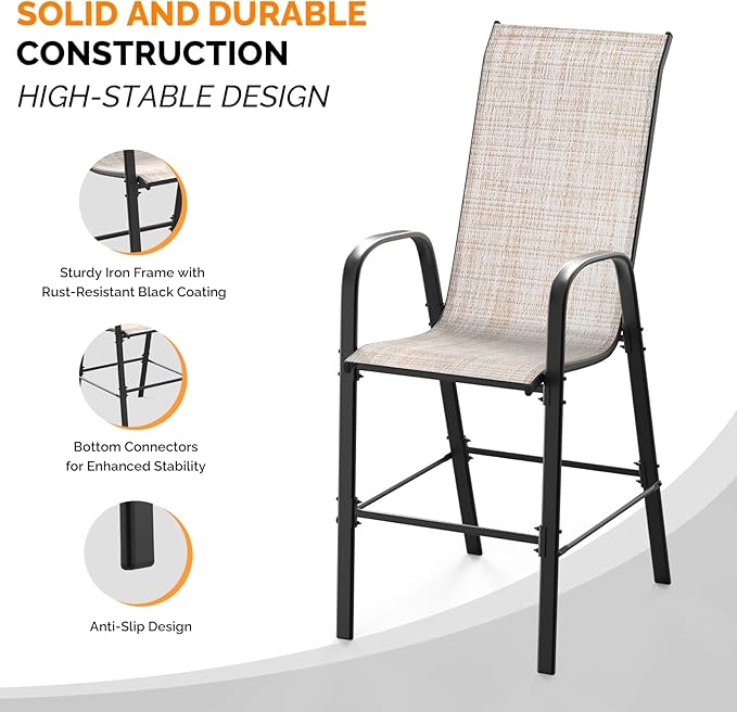 VINGLI Set of 4 Stackable Outdoor Bar Stools – Sling Chairs with High Back & Armrests, for Lawn, Garden, Bar, Yellow