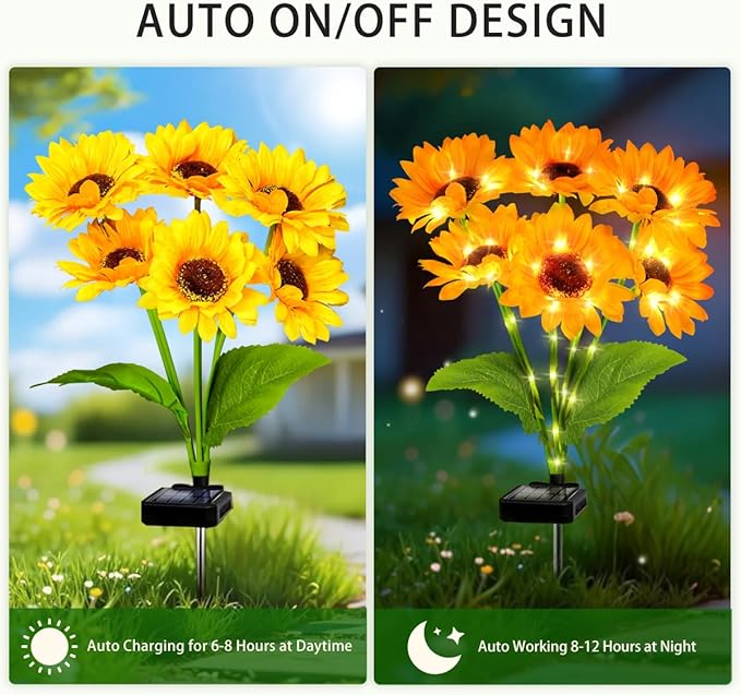 Solar Sunflower Lights 2 Pack with 12 Outdoor Decorative Lights, Birthday Gift for Mom and Friends, IP65 Waterproof Sunflower Garden Stake Lights for Yard Patio Lawn Pathway (Warm White)