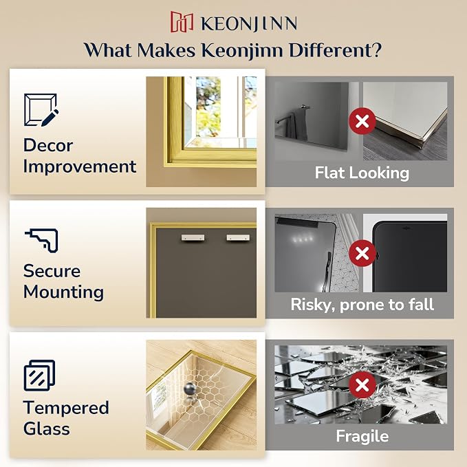 Keonjinn 72" x 36" Gold Bathroom Mirror, Decorative Metal Frame, Safe Beveled - Image 5
