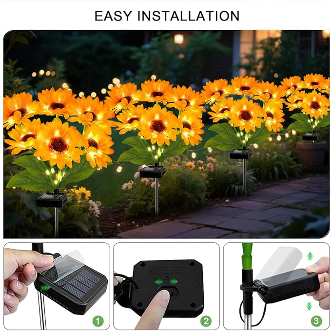 Solar Sunflower Lights 2 Pack with 12 Outdoor Decorative Lights, Birthday Gift for Mom and Friends, IP65 Waterproof Sunflower Garden Stake Lights for Yard Patio Lawn Pathway (Warm White)