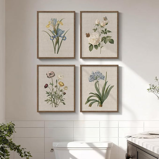 Framed Botanical Wall Art for Bathroom, 4 Piece Vintage Floral Canvas Painting by Cuspin