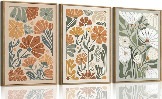 KISSFOX Framed Canvas Wall Art Abstract Floral Botanical Print Set of 3 Green by KISSFOX