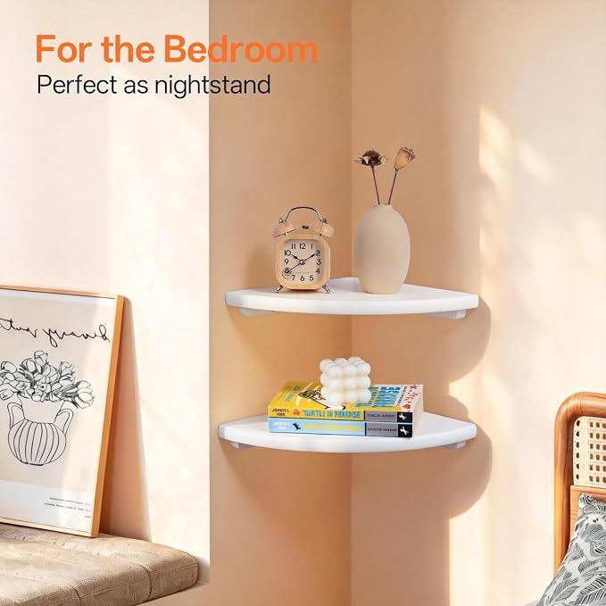 Gieanoo Floating Corner Shelves Set 2 10inch White Solid Oak Rounded Corner - Image 4