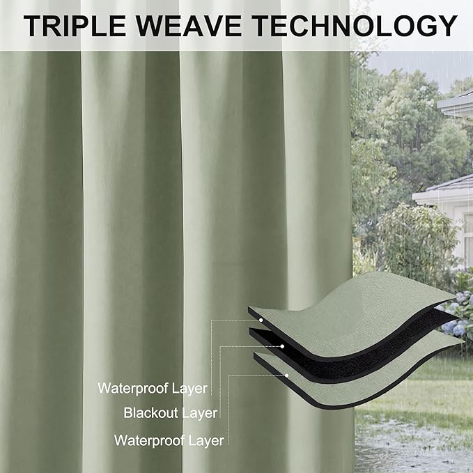 RYB HOME Outdoor Curtains for Patio Waterproof Block Sunlight Thermal Insulated Privacy Assured Thick Outside Curtains for Porch, Gazebo, Pergola, W52 x L95, Sage Green, 1 Panel
