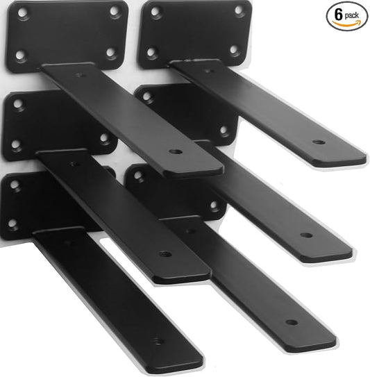 6 Pack - 6 inch Black Hidden L Shelf Bracket Iron Floating Shelf Brackets by MHMYDZ