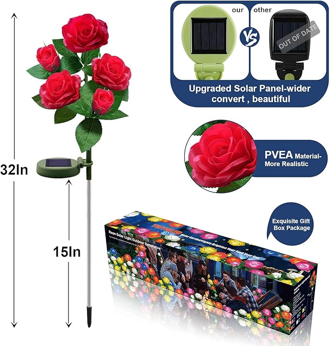 Solar Flower Lights Outdoor - Upgraded New Material Two Modes Realistic LED Solar Powered Waterproof Lights with 5 Roses, Solar Decorative Stake Lights for Garden (Red, 2 Pack)