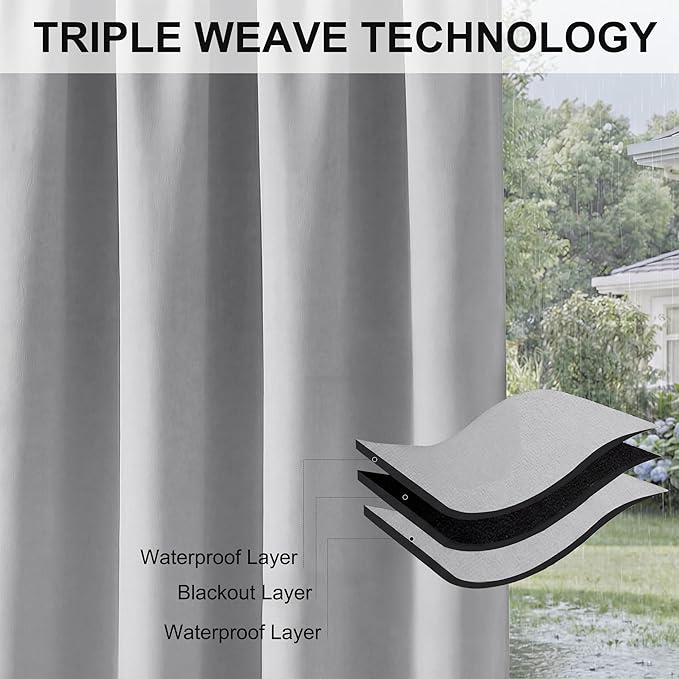 RYB HOME Extra Wide Outdoor Curtains for Patio Waterproof Heavy Duty Thermal Insulated in Summer Full Coverage Privacy for Porch, Cabana & Pool, W150 x L84, Light Grey, 1 Panel