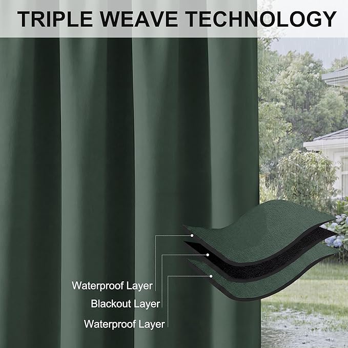 RYB HOME Extra Wide Outdoor Curtains for Patio Waterproof Heavy Duty Thermal Insulated in Summer Full Coverage Privacy for Porch, Gazebo & Pergola, W100 x L84, Dark Green, 1 Panel