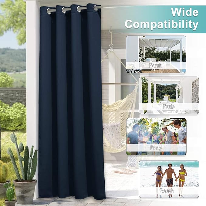 NICETOWN Outdoor Curtain for Patio Waterproof Extra Wide 100", Blackout Vertical Blinds Thermal Insulated Stainless Steer Grommet Indoor Outdoor Divider for Public Space, Navy Blue, 1 Piece, 84" L