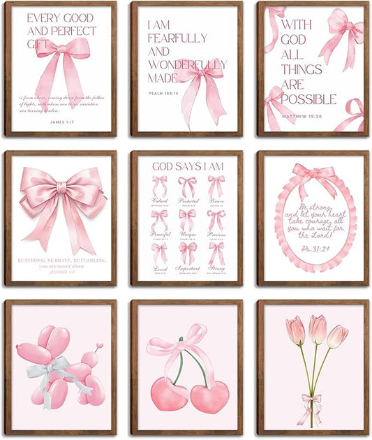 Pink Bows Bible Verse Christian Canvas Wall Art Set of 9, Trendy Posters Prints by Unknown
