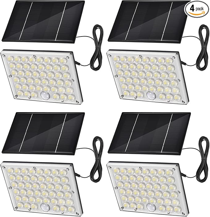 184 LED Solar Lights Outdoor, Waterproof Solar Motion Sensor Flood Lights Outside with 3 Modes Adjustable, Auto On/Off, 20Ft Cable for Porch, Patio, Garden, Garage,Yard, 4 Packs