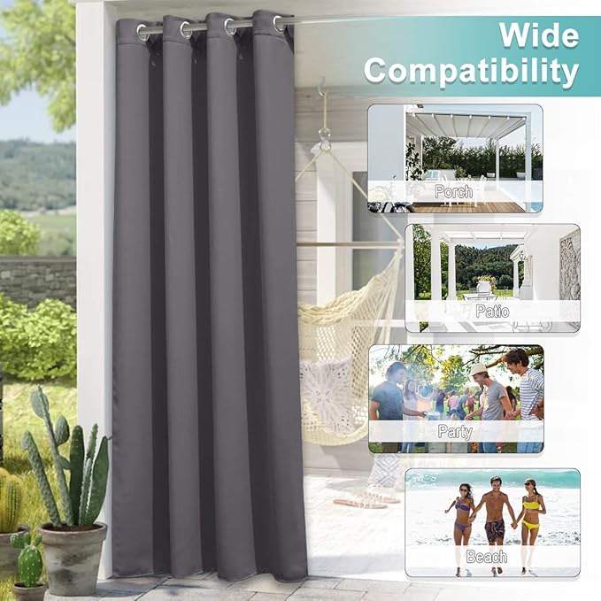 NICETOWN Outdoor Curtain Divider for Patio Waterproof 108" Length, Thermal Insulated Rustproof Grommet Blackout Privacy Indoor Outdoor Living Curtain/Drape for Public Space, Grey, 1 Panel, 100" W