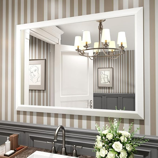 Amorho Bathroom Mirror, 48x35 Inch White Thick Metal Framed Wall Mirrors by Amorho