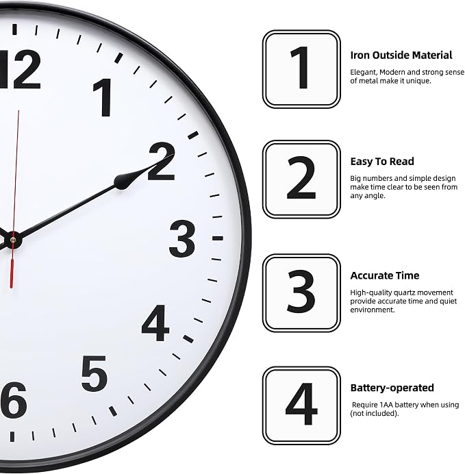 LEIKE Metal Large Wall Clock 24IN Black, Retro Silent Quartz Battery Operated - Image 2