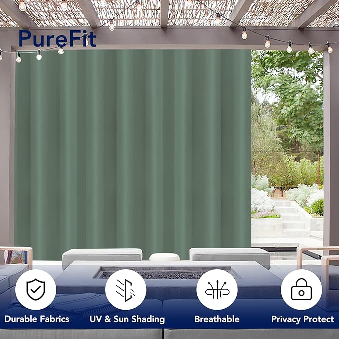 PureFit Outdoor Curtains for Patio Waterproof Weatherproof, UV Resistant Outside Curtains for Gazebo, Front Porch, Pergola, Sun Blocking Privacy Curtain, 120W x 84L inch, 1 Panel, Sage Green