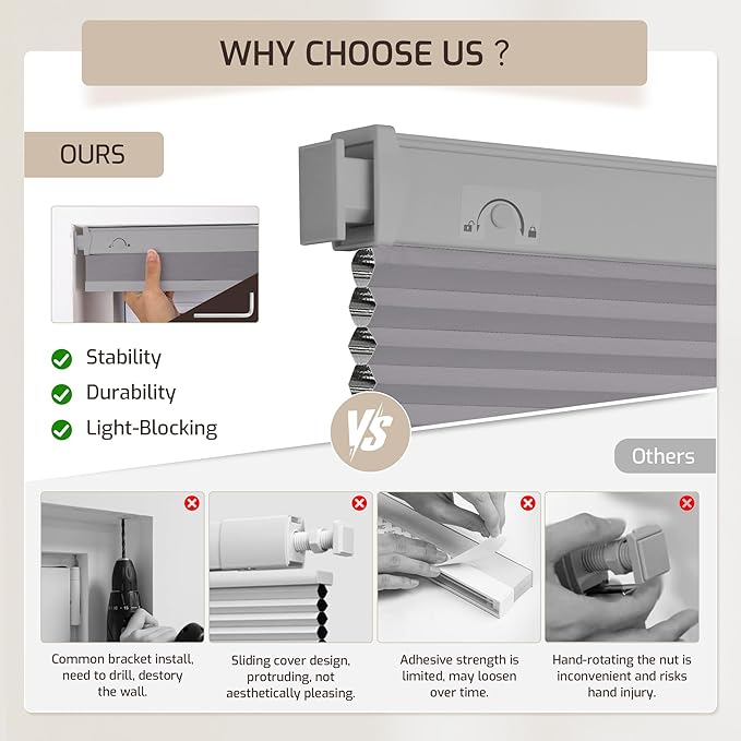 Grandekor No Drill No Tools Cordless Cellular Shades, 29.5" W x 64" H, UV - Image 5