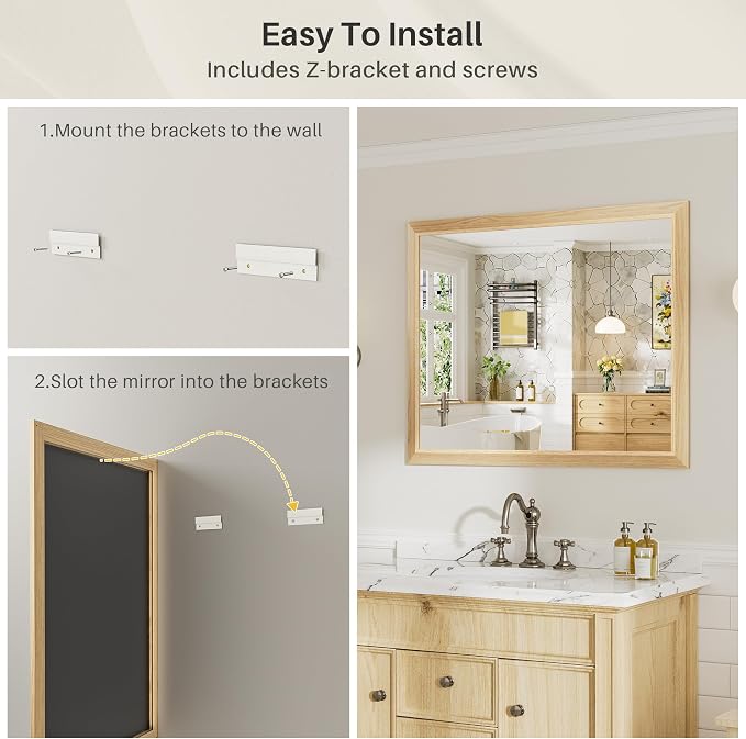 40x38 Inch Bathroom Mirror for Wall, Anti-Rust Oak Wood Grain Metal Framed - Image 5