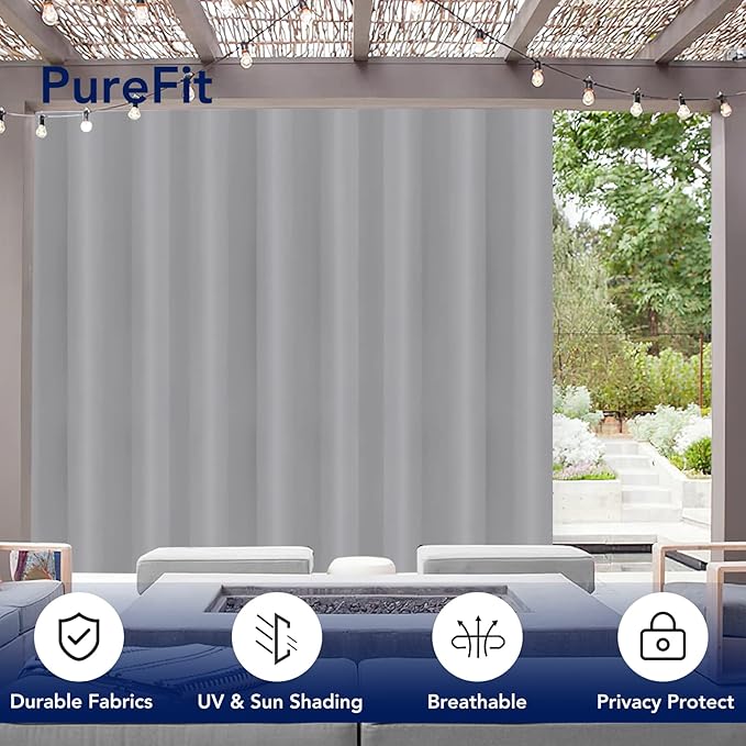 PureFit Outdoor Curtains for Patio Waterproof Weatherproof, UV Resistant Outside Curtains for Gazebo, Front Porch, Pergola, Sun Blocking Privacy Curtain, 120W x 108L inch, 1 Panel, Light Gray