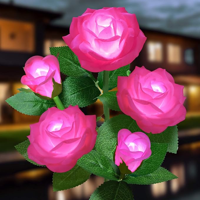 Solar Flower Lights Outdoor - Upgraded New Material Two Modes Realistic LED Solar Powered Waterproof Lights with 5 Roses, Solar Decorative Stake Lights for Garden (Pink, 1 Pack)