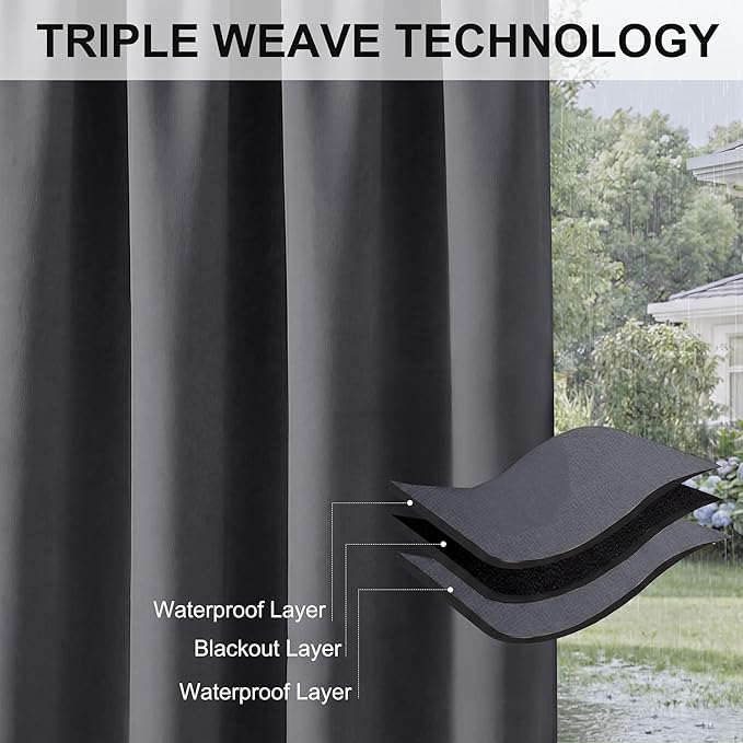 RYB HOME Outdoor Curtains for Patio Waterproof Block Sunlight Thermal Insulated Privacy Assured Thick Outside Curtains for Porch, Gazebo, Pergola, W84 x L108, Grey, 1 Panel