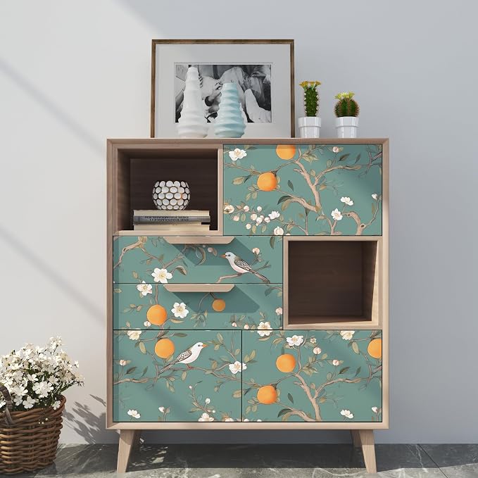 Green Floral Wallpaper Peel and Stick, Birds & Orange Fruits Contact Paper - Image 3