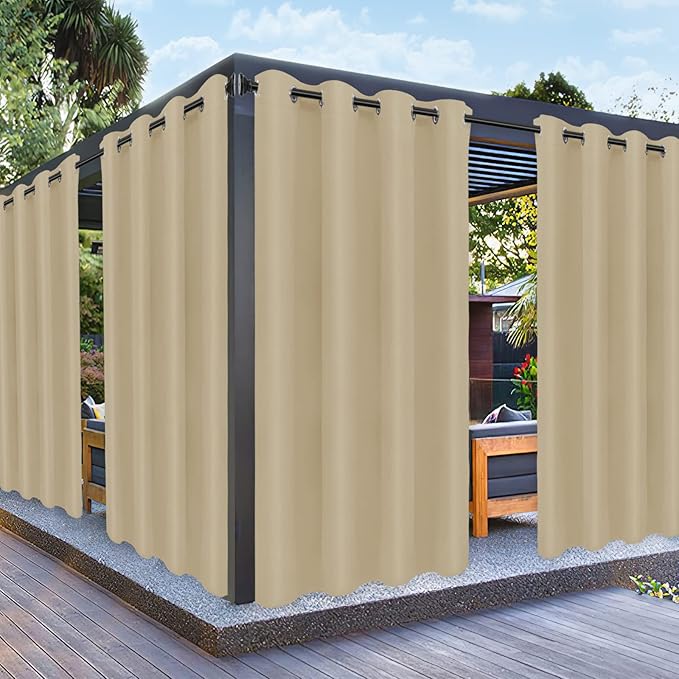PureFit Outdoor Curtains for Patio Waterproof Weatherproof, UV Resistant Outside Curtains for Gazebo, Front Porch, Pergola, Sun Blocking Privacy Curtain, 52W x 84L inch, Set of 2, Beige