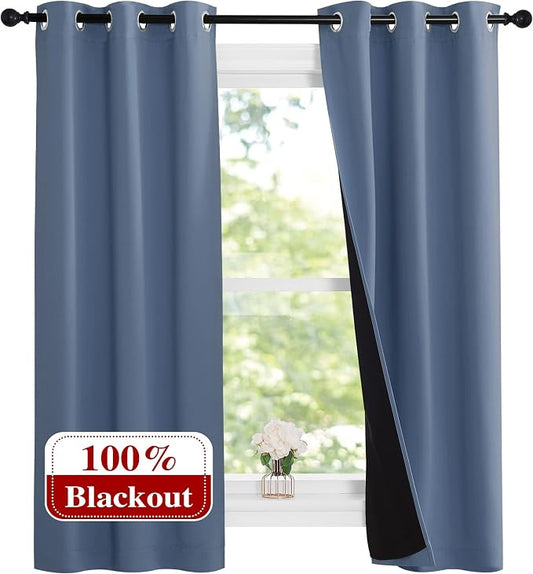 NICETOWN Stone Blue 100% Blackout Small Curtains 63 inches Long, Thermal by NICETOWN