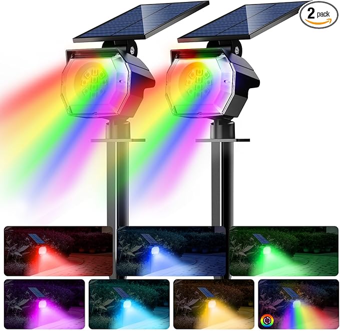 btfarm Solar Lights Outdoor Waterproof IP65-2 Pack LED Color Changing Spot Light 7 Lighting Color RGB Powered Spotlights, Uplight for Yard Tree Landscape Garden Christmas Halloween