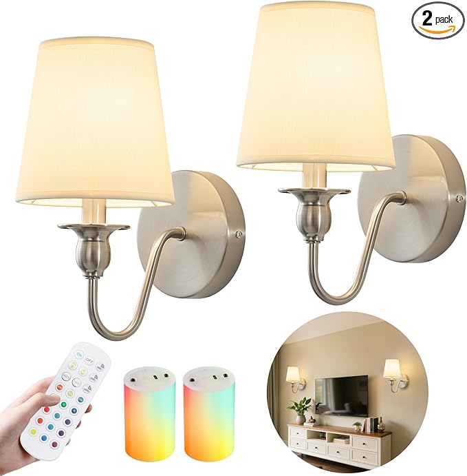 Battery Operated Wall Sconces set of Two, Rechargeable Wall Sconce by Nuanshued
