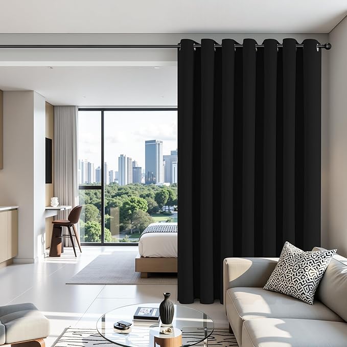 Joydeco Blackout Patio Sliding Door Curtains 84 Inches Long, Grommet Privacy Room Divider Curtains, Extra Wide Thermal Blackout Drapes for Bedroom Living Room (Black, 100Wx84L, 1 Panel)