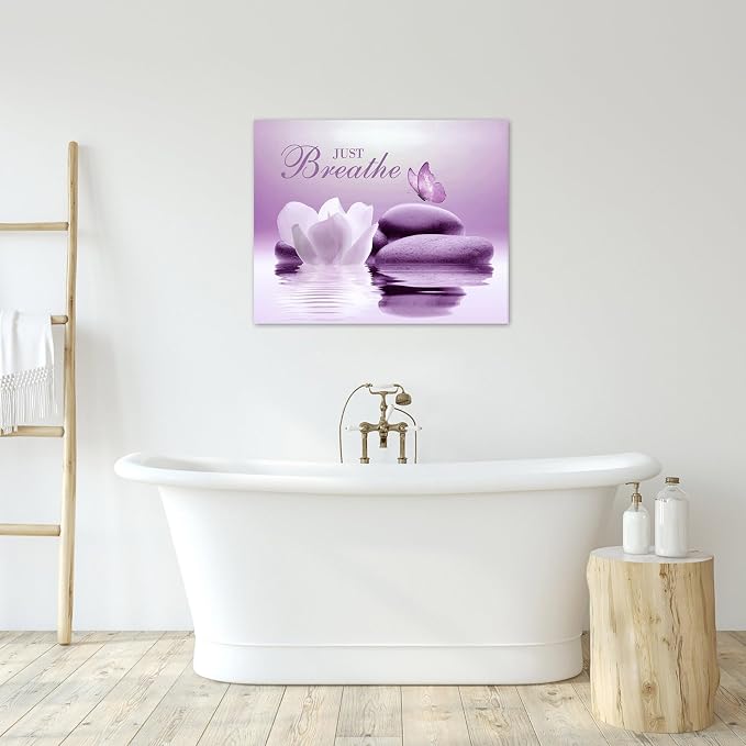 EOBTAIN Zen Bathroom Wall Art Butterfly and Flower Stone Relaxing Just Breathe - Image 3
