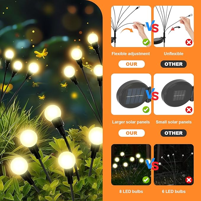 ALSO GO Solar Lights Outdoor, 6 Pack 48 LEDs Firefly Lights, Waterproof Solar Garden Light for Yard Patio Pathway Outdoor Decoration, Gardening Gifts for Women Christmas Decor