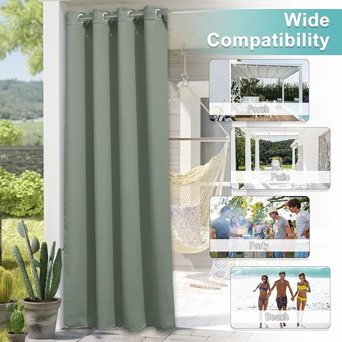 NICETOWN Sage Green Blackout Outdoor Curtains for Patio Waterproof, Thermal Insulated Rustproof Grommet Durable Indoor Outdoor Blinds Light Blocking for Yard Party/Porch, W52 x L95, 1 Panel
