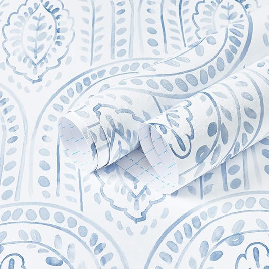 EeeComing Blue Peel and Stick Wallpaper Boho Wall Paper Peel and Stick Modern by EeeComing