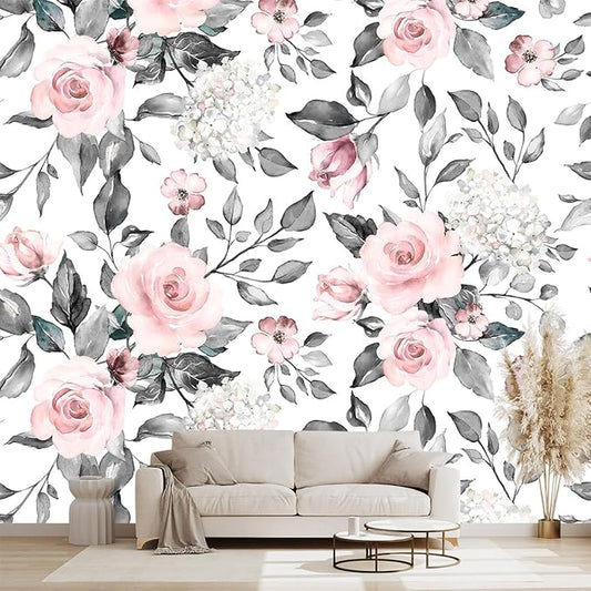 Grey Leaf Pink Flowers Mural Bedroom Floral Wallpaper Room Decor Living Room tv by WXHFM