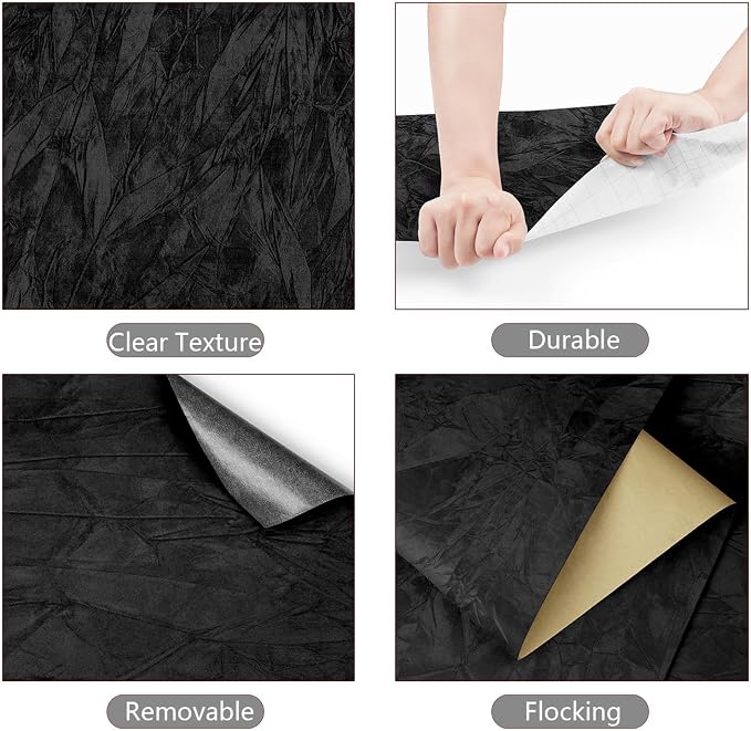 YENHOME 17.7"X393" Black Velvet Wallpaper Peel and Stick Soft Felt Fabric - Image 6