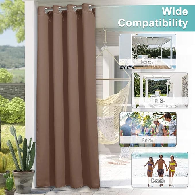 NICETOWN Outdoor Curtains for Patio W100 x L95 inch 2 Pieces, Sun Blocking Screen Shades 100% Privacy for Porch, Pergola, Lanai, Outside Deck, Weatherproof Blinds for All Season, Tan