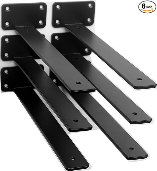 6 Pack - 12 inch Black Hidden L Shelf Bracket Iron Floating Shelf Brackets by MHMYDZ