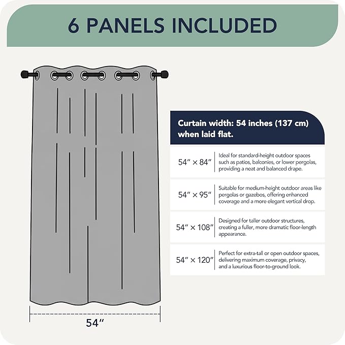 Outdoor Curtains for Patio Waterproof 6 Panels - Windproof, Privacy, Weatherproof Outside Drapes for Gazebo Pergola Porch, Grommet Top and Tab Bottom, 54x120 Inch, Cream