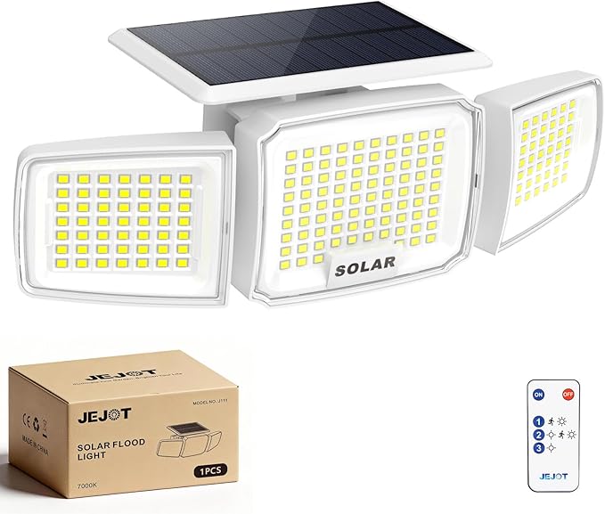 White Solar Security Light Outdoor Super Bright LED, Motion Sensor Flood Light, 3 Heads 270° Wide Angle, Remote Control, IP65 Waterproof, 3 Modes (1 Packs)