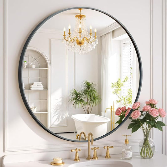 Round Wall Mirror 24 Inch Black Vanity Mirror by SageNest