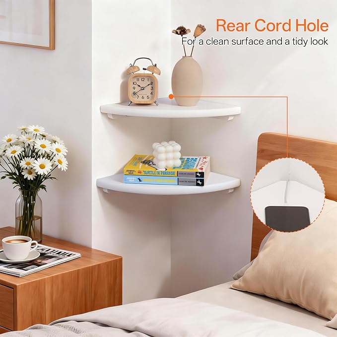 Gieanoo Floating Corner Shelves Set 2 12inch White Solid Oak Rounded Corner - Image 6