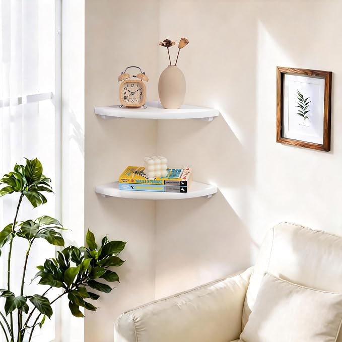 Gieanoo White Corner Wall Shelf 10inch Solid Oak Wood Floating Corner Shelf - Image 2
