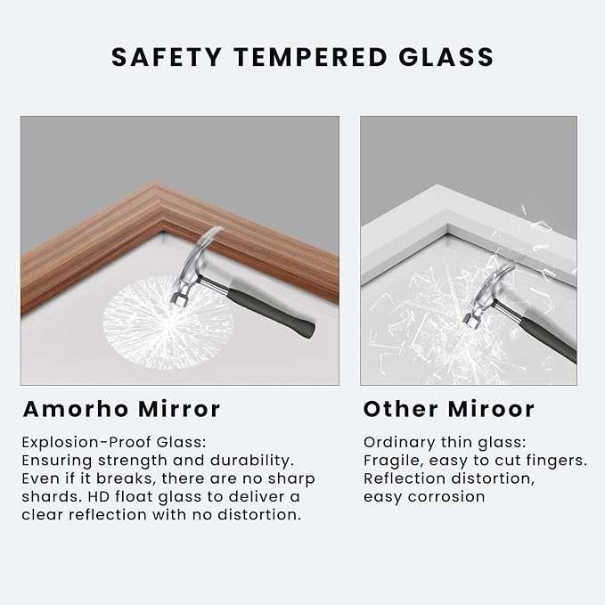 Amorho Bathroom Mirror for Wall, 60X40 Inch Walnut Wood Grain Metal Framed - Image 4