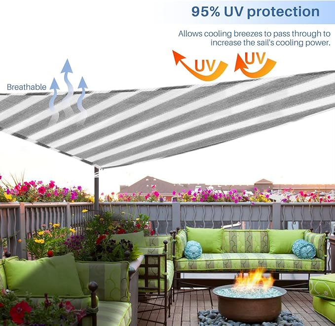 E&K Sunrise 6' x 6' x 6' Sun Shade Sail Triangle Canopy Shade Cover UV Block for Patio Backyard Garden Outdoor (Gray White Strip)